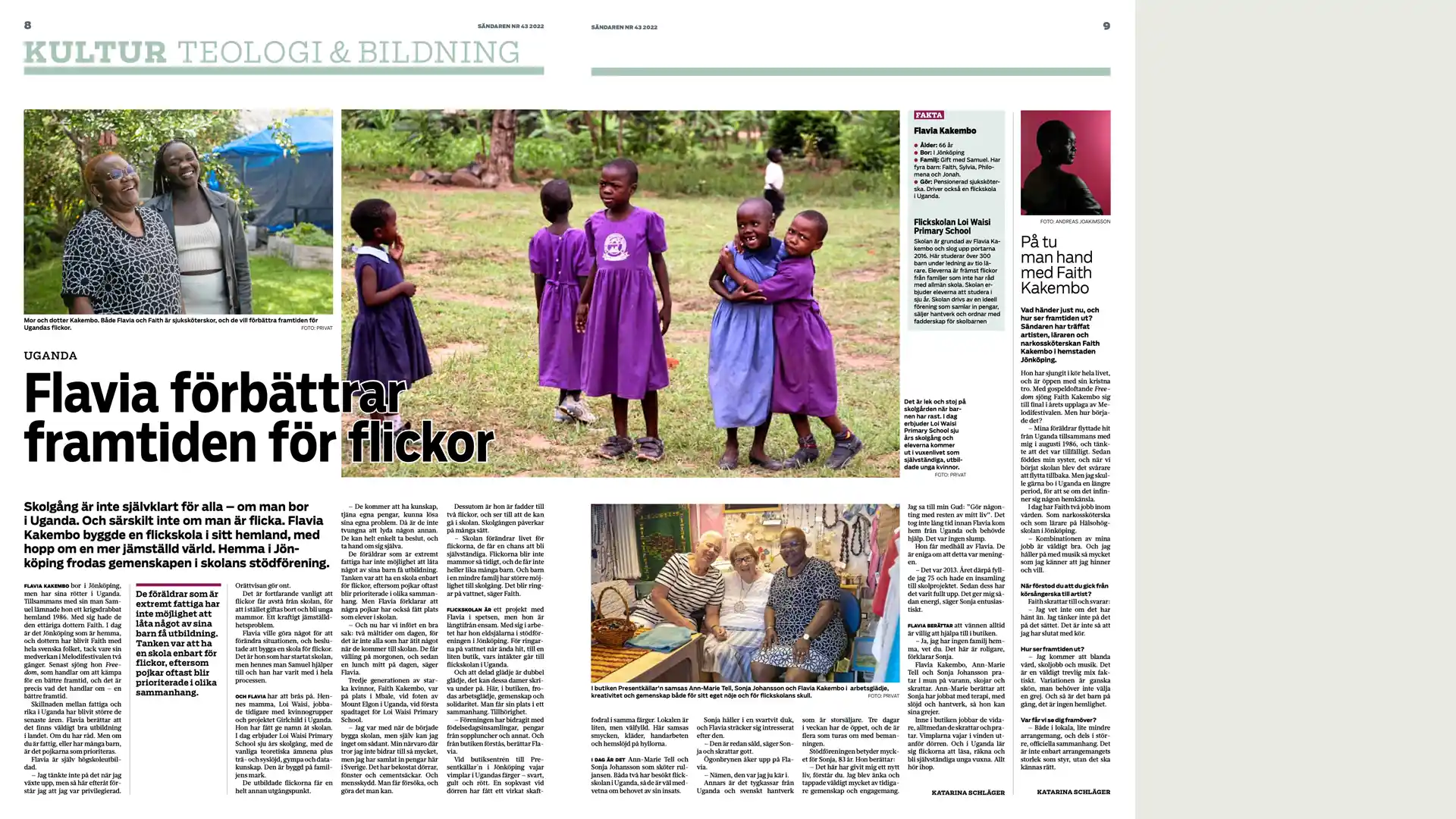 Reportage om Flavia Kakembo som driver flickskola i Uganda från Jönköping. Publicerat i tidningen Sändaren.